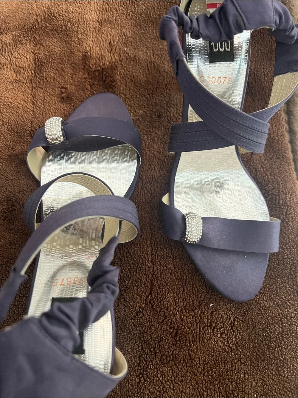 Navy Satin Heeled Sandals with Crystal Accent
